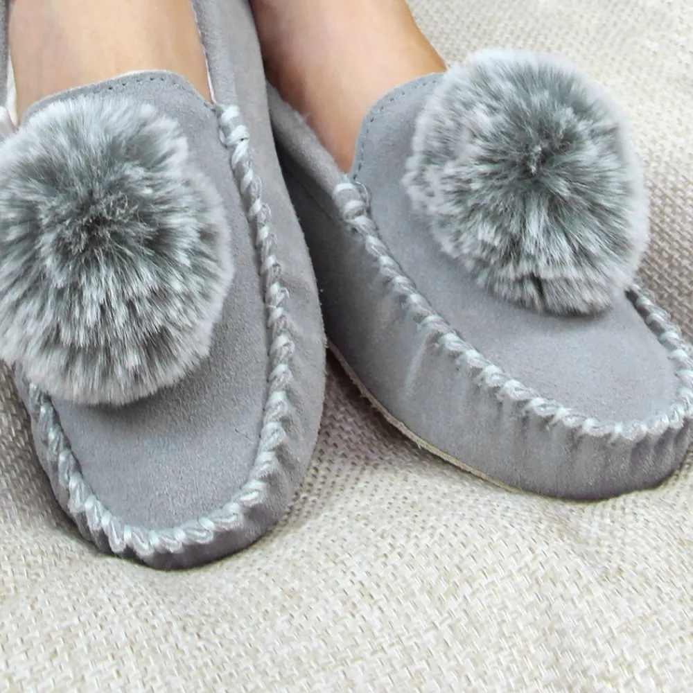 Womens Slippers | Moccasin-Lunar Shoes Bessie Grey Suede Slipper