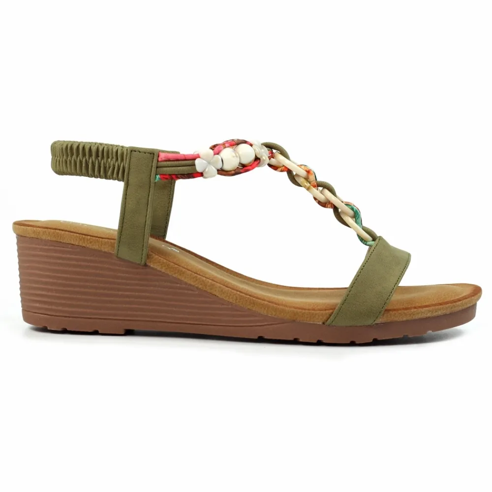 Elasticated | Wedges-Lunar Shoes Clemont Khaki Sandal