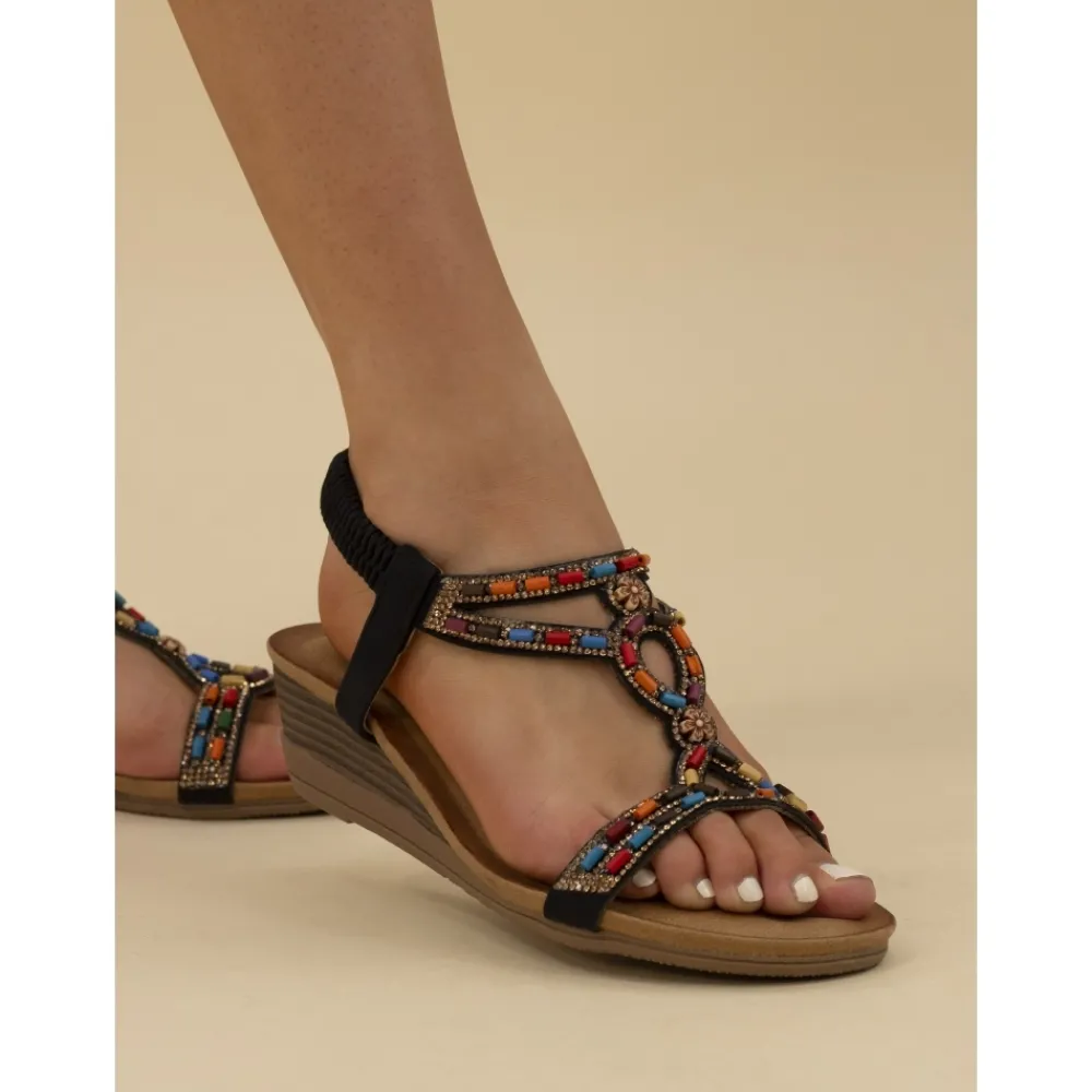 Elasticated | Wedges-Lunar Shoes Epsom Black Wedge Sandal