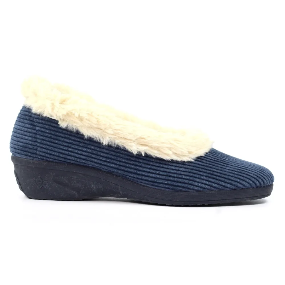 Slip-on-Lunar Shoes Glynis Blue Fur Trim Wedge Slipper