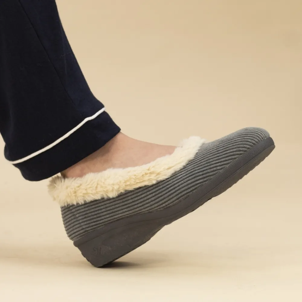 Pump | Slip-on-Lunar Shoes Glynis Grey Fur Trim Wedge Slipper