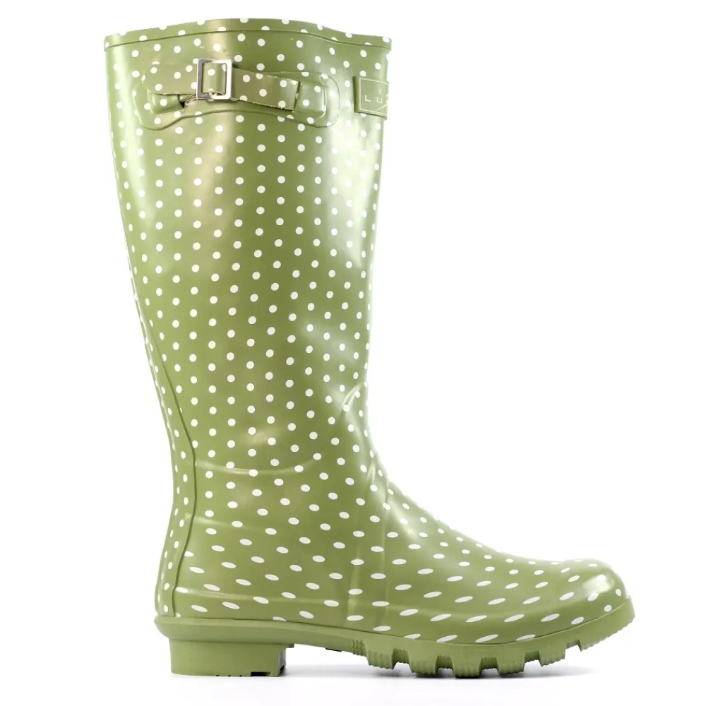 Wellies-Lunar Shoes Green Rubber Spot Wellington