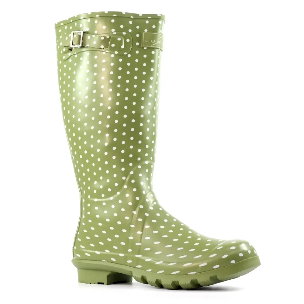 Wellies-Lunar Shoes Green Rubber Spot Wellington