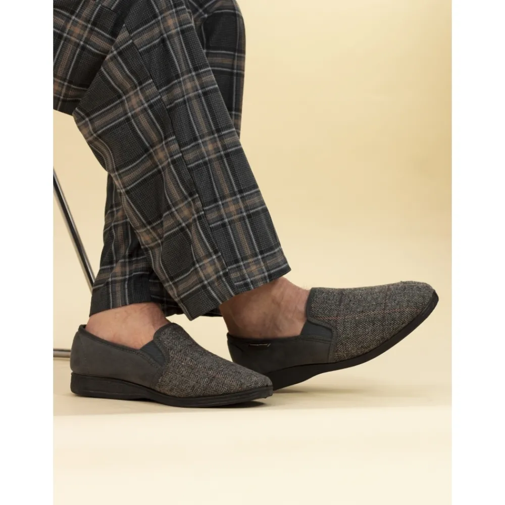 Mens Slippers-Lunar Shoes Harrison Grey Tweed Slipper