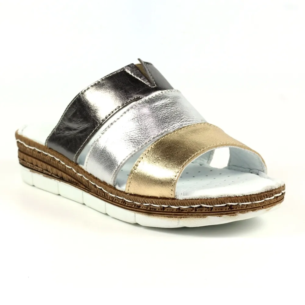 Mules | Wedges-Lunar Shoes Leoni Leather Metallic Sandal