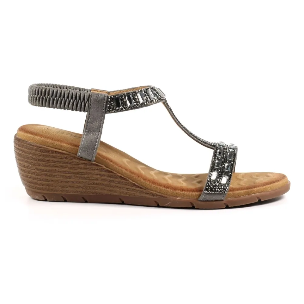 Elasticated | T-bar-Lunar Shoes Macie Pewter Wedge Sandal