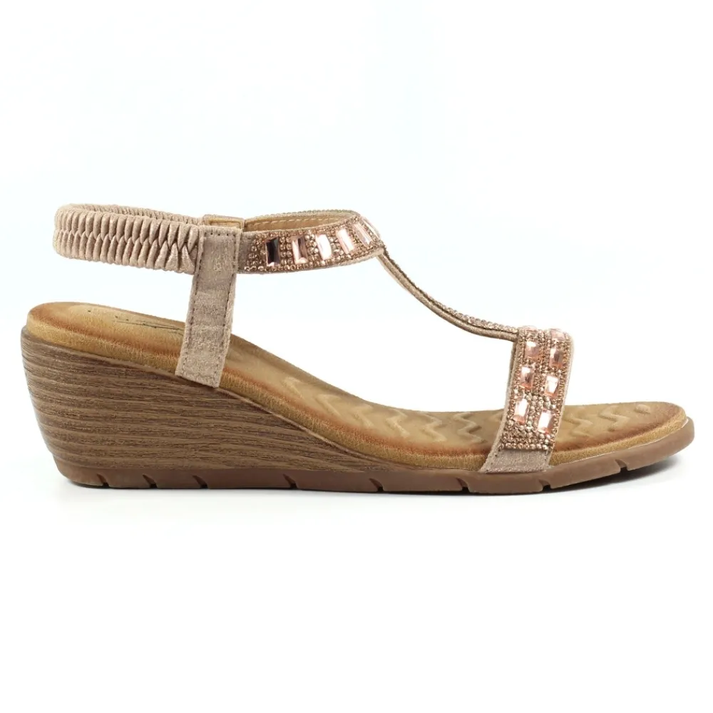 Elasticated | T-bar-Lunar Shoes Macie Rose Gold Wedge Sandal