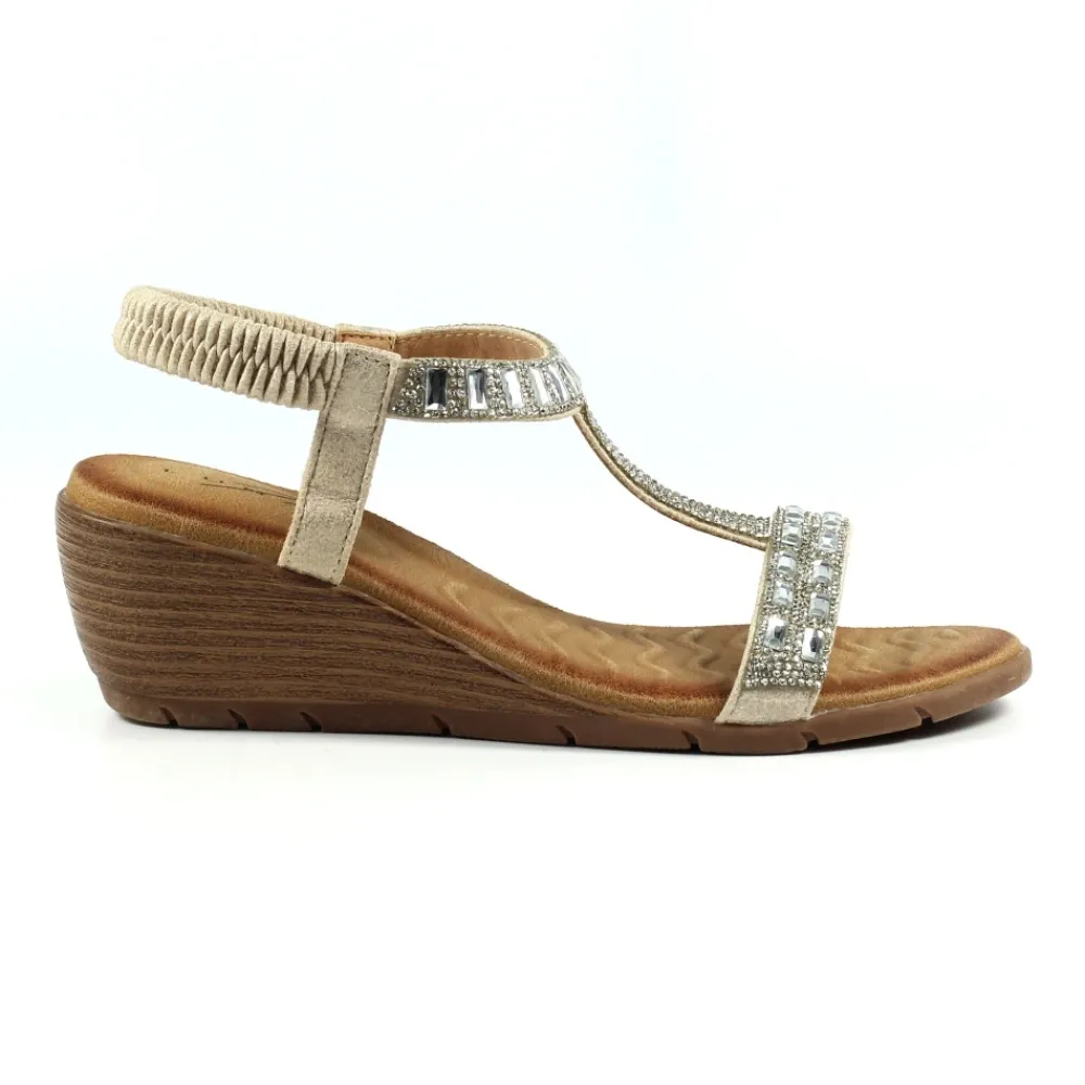 Elasticated | T-bar-Lunar Shoes Macie Silver Wedge Sandal