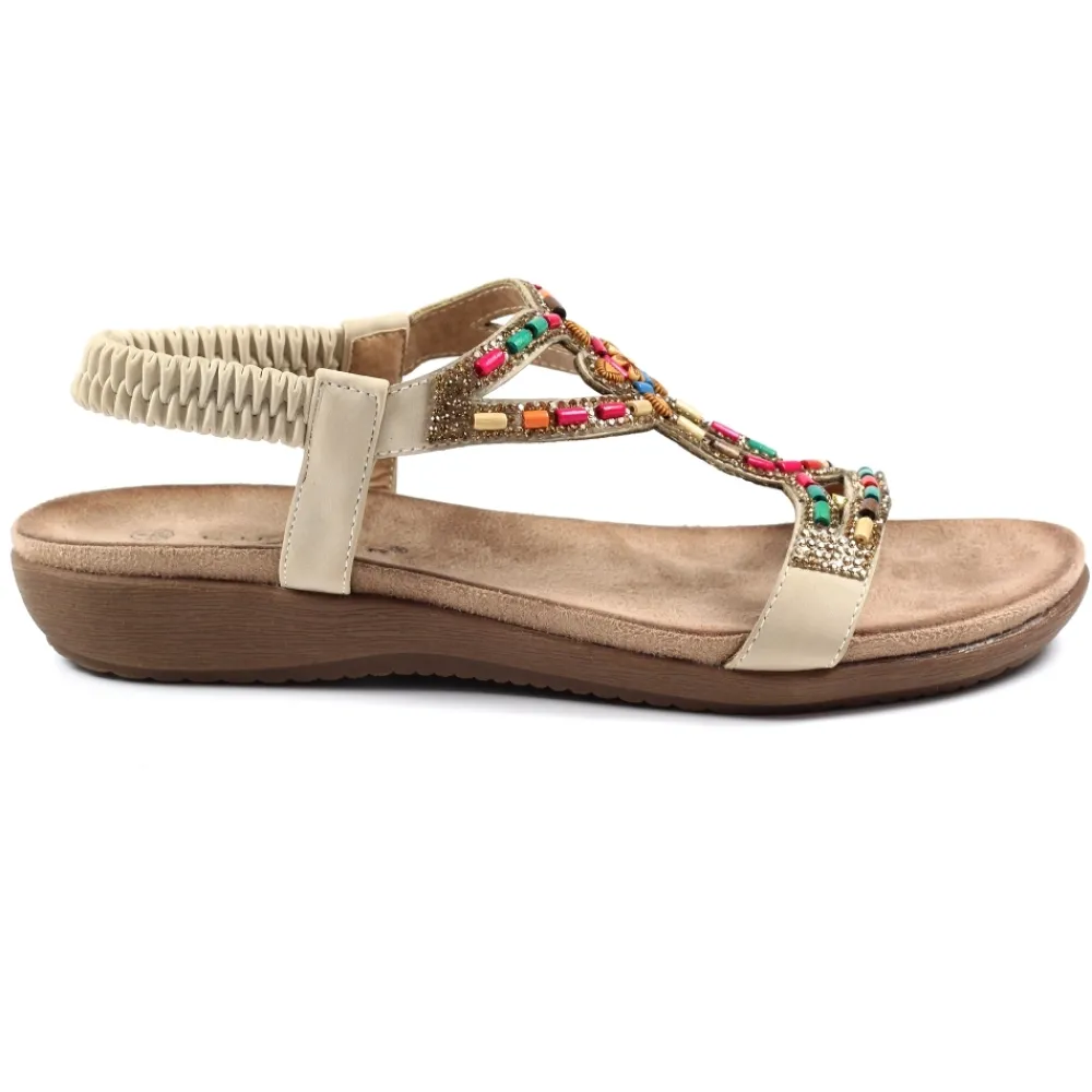 Elasticated-Lunar Shoes Mariella Beige Beaded Sandal