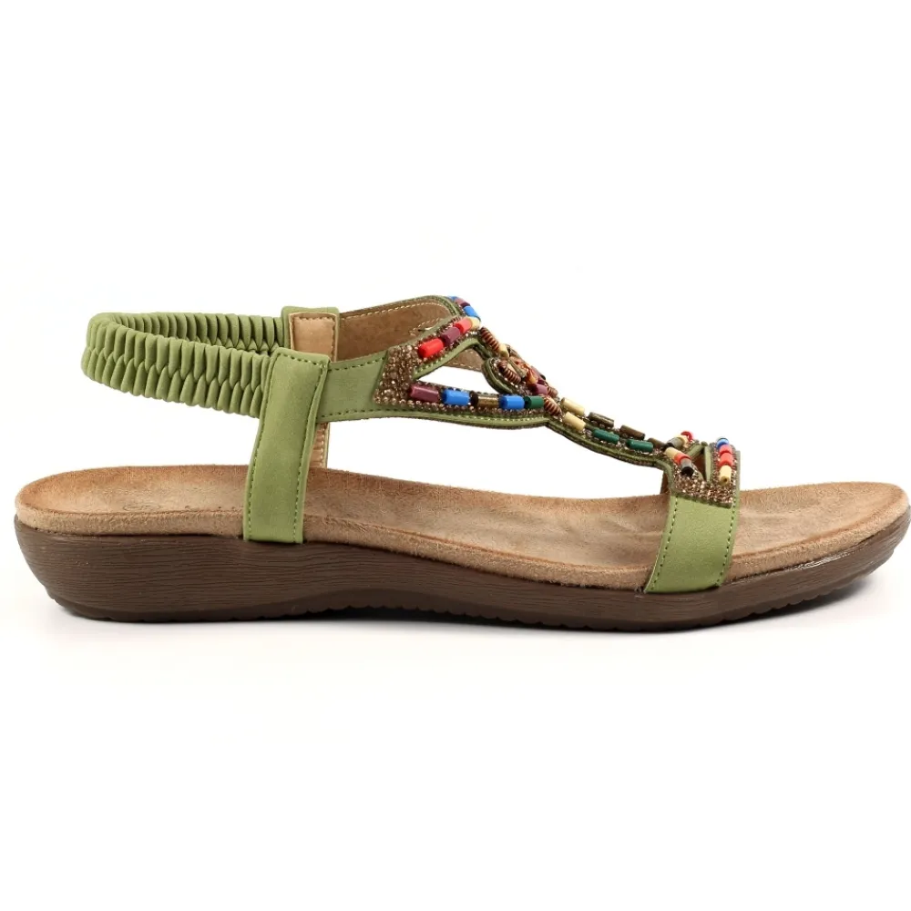 Elasticated-Lunar Shoes Mariella Khaki Beaded Sandal