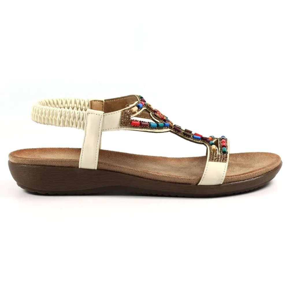 Elasticated-Lunar Shoes Mariella White Beaded Sandal