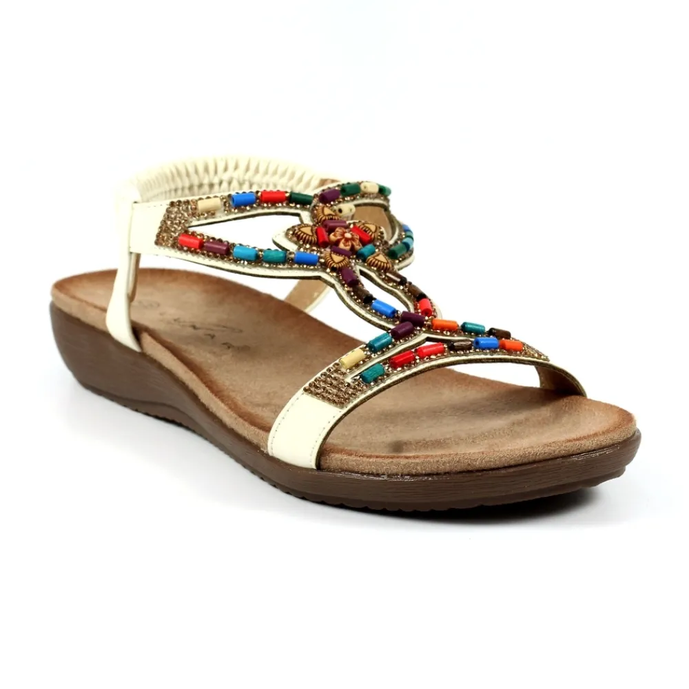 Elasticated-Lunar Shoes Mariella White Beaded Sandal