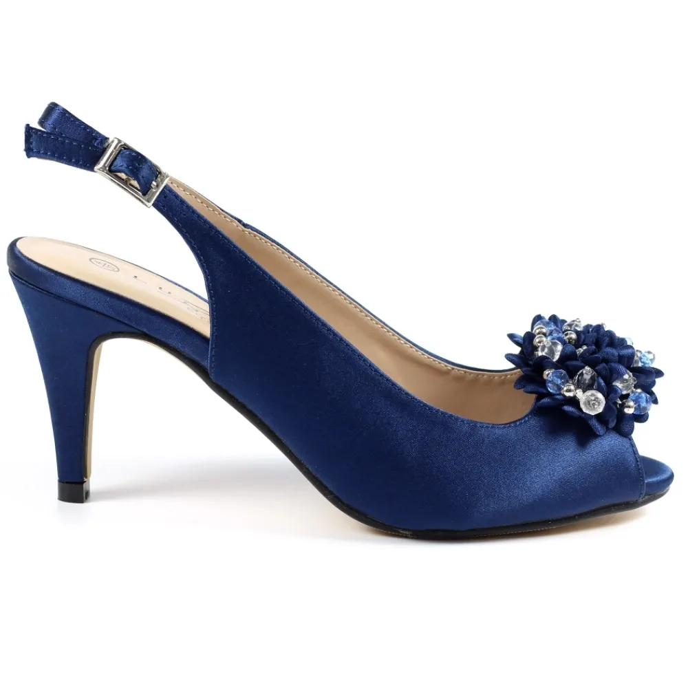 Shoes & Matching Bags | Courts-Lunar Shoes Sabrina Navy Satin Slingback Court