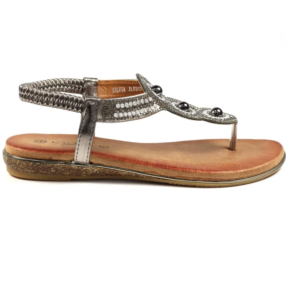 Elasticated | Toe Post-Lunar Shoes Silvia Pewter Toe Post Gem Sandal