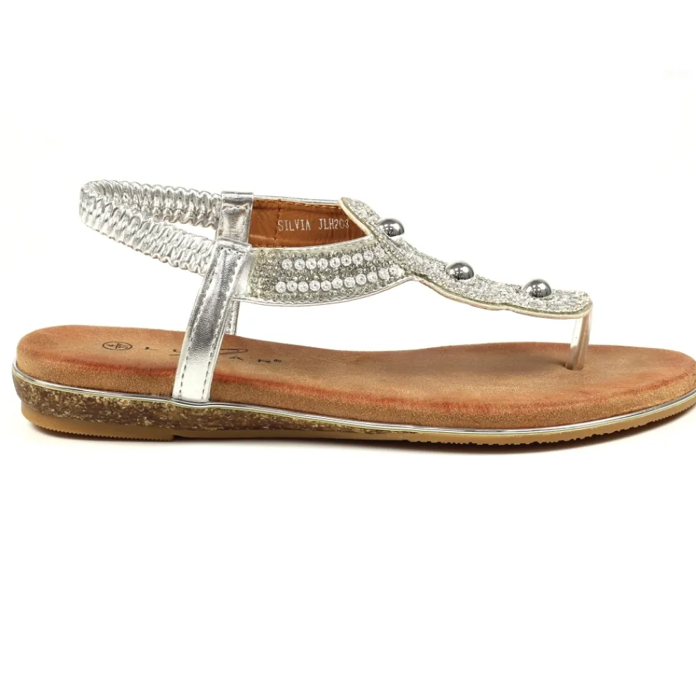 Elasticated | Toe Post-Lunar Shoes Silvia Silver Toe Post Gem Sandal